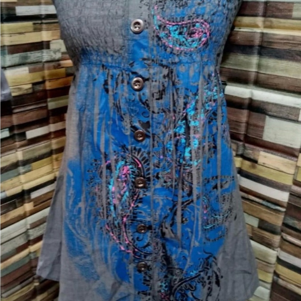 Gray and Blue Paisley Button-Down Women's Top